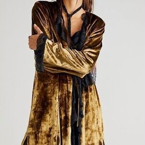 Free People Gold Velvet Robe with Black Lace Trim